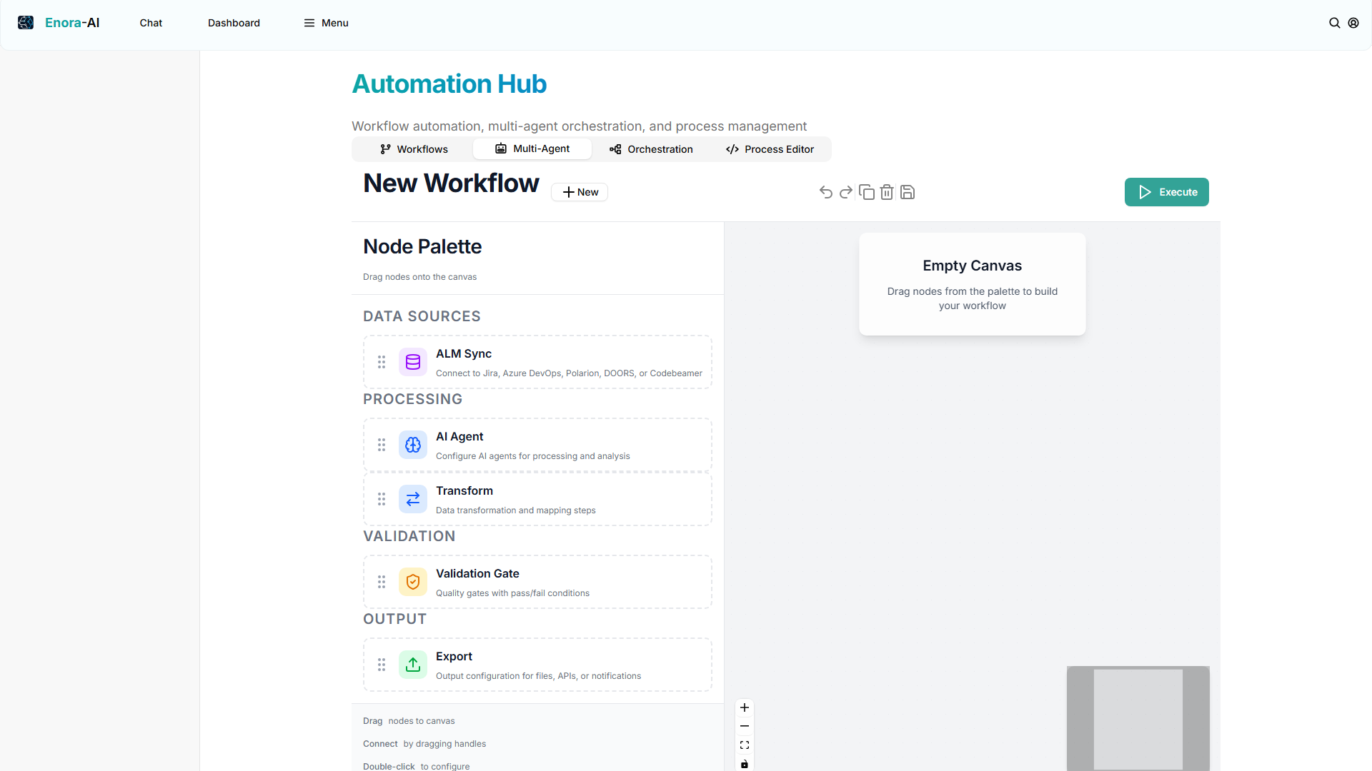 Automation Hub — Workflow builder with drag-and-drop node orchestration