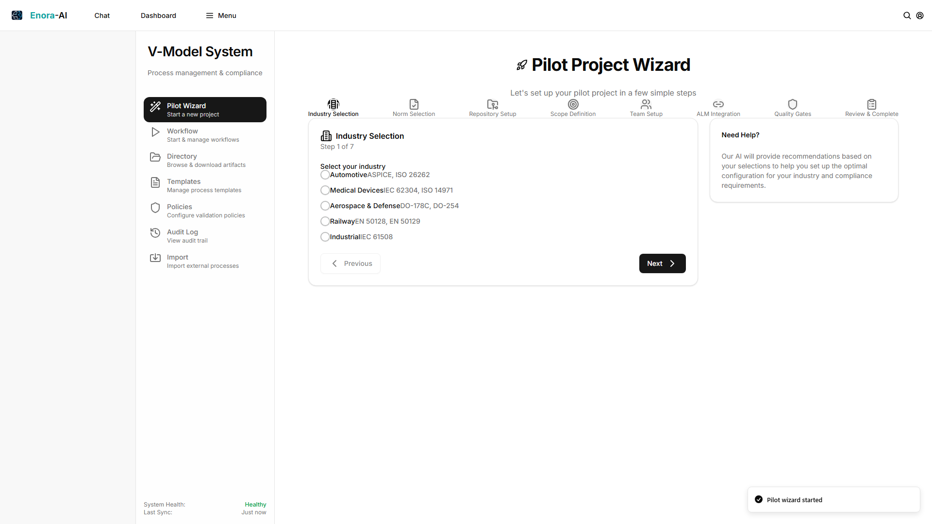 Pilot Wizard — Industry selection for Automotive, MedTech, Aerospace, Railway