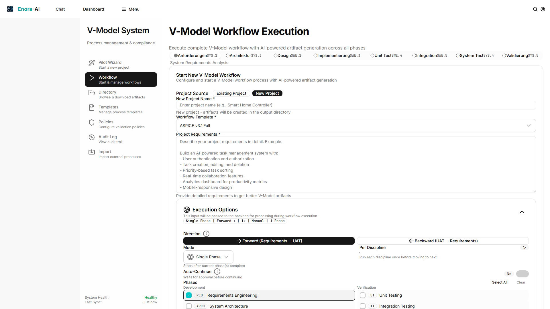 V-Model Workflow — [Industry Standard] phase execution with SYS/SWE traceability